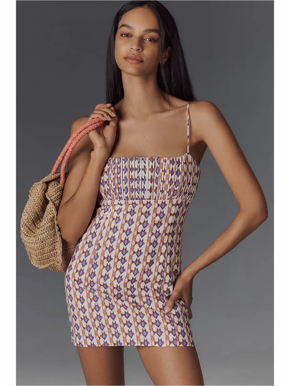 Anthropologie Maeve Ophelia Linen Mini Dress Purple Geometric Slip Dress 10